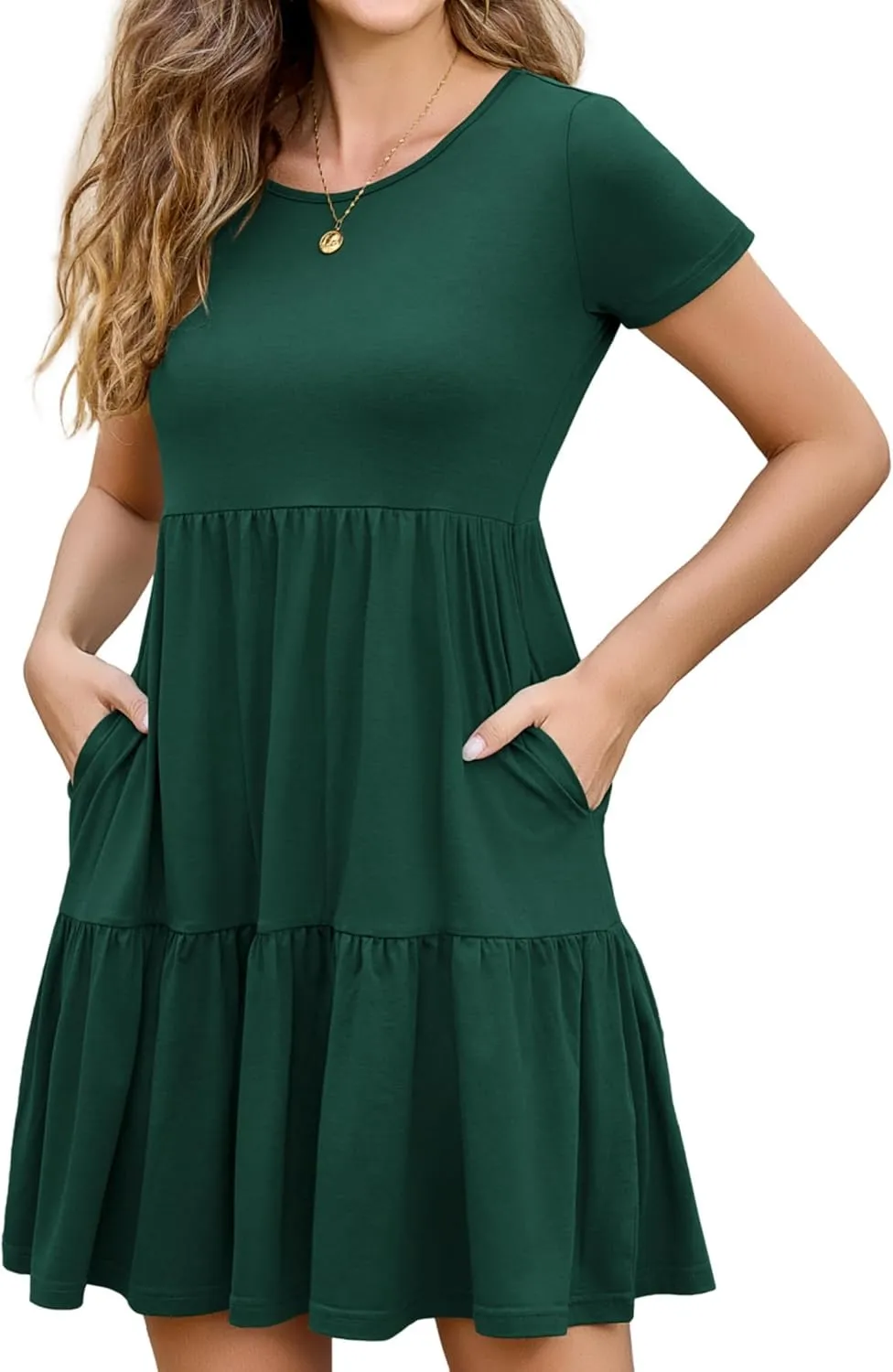 2025 Spring Summer Short Sleeve T-Shirt Dress  Ruffle Tiered Swing Sundress with Pockets for Beach & Daily Wear