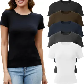 5 Pack Crew Neck T Shirts for Women Daily Casual Womens Fitted Tshirt Basic Tops for Women Stretchy Womens Tees