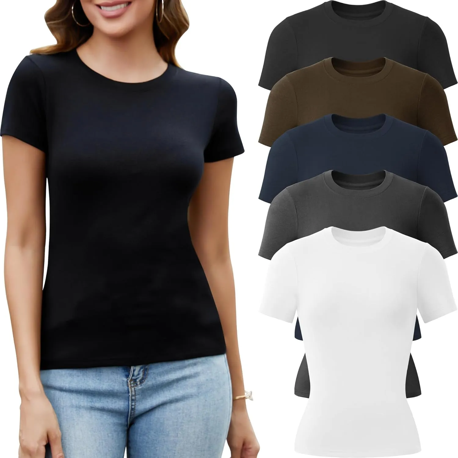 5 Pack Crew Neck T Shirts for Women Daily Casual Womens Fitted Tshirt Basic Tops for Women Stretchy Womens Tees