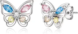 925 Sterling Silver Butterfly Earrings for Women, Multicolored CZ Hypoallergenic Butterflies Stud Huggie Hoop Earring Jewelry Gifts for Daughter Granddaughter