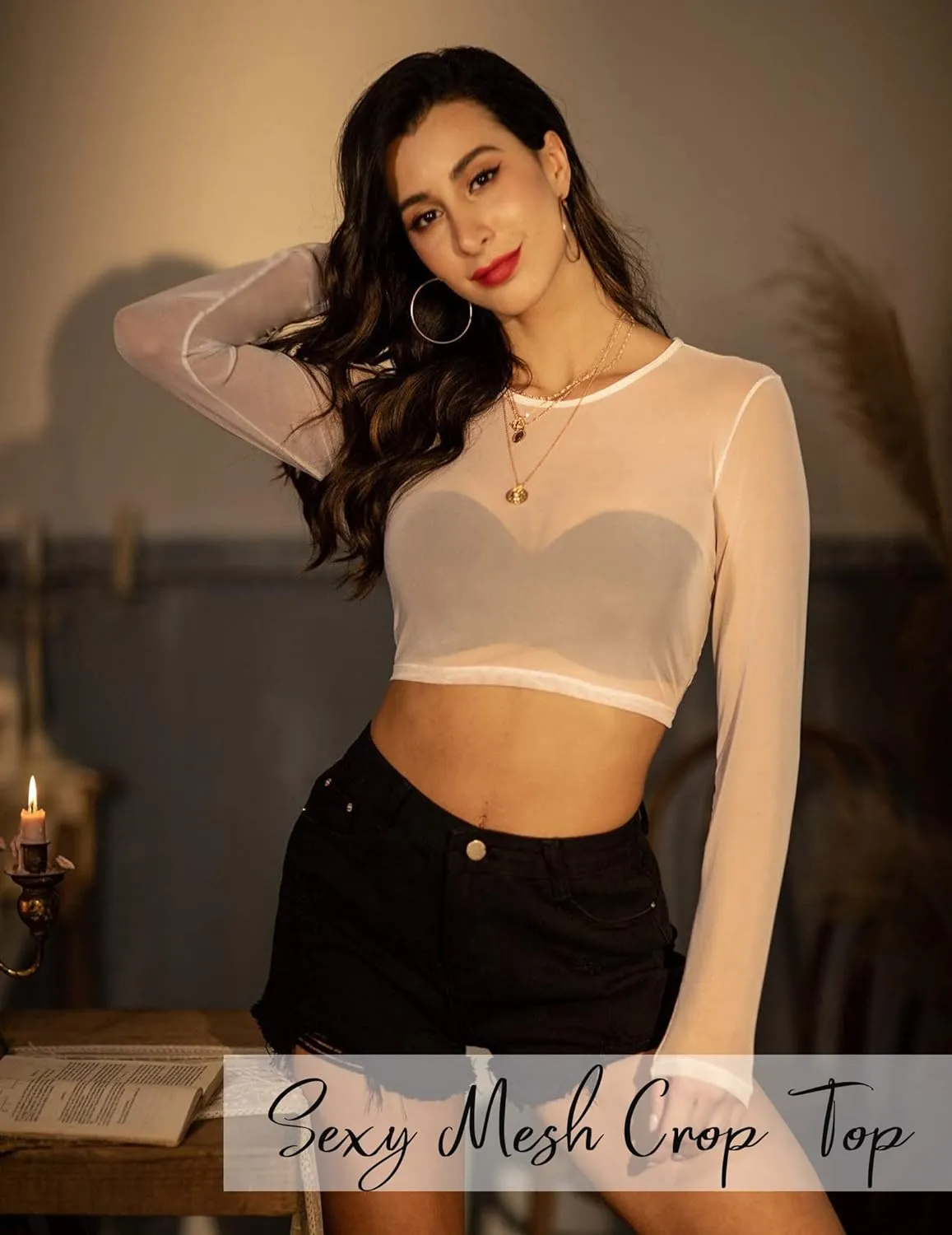 ADOME Mesh Crop Top Sheer Tops for Women See Through Shirt Long Sleeve Basic Crop Top S-4XL
