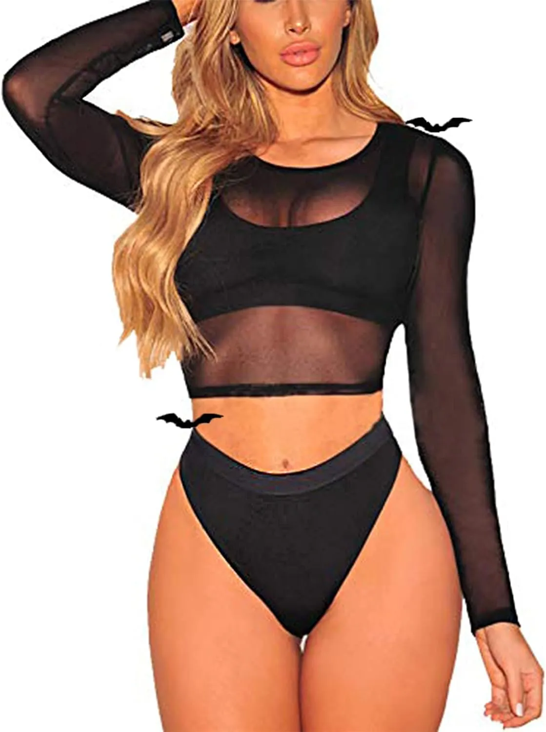 ADOME Mesh Crop Top Sheer Tops for Women See Through Shirt Long Sleeve Basic Crop Top S-4XL
