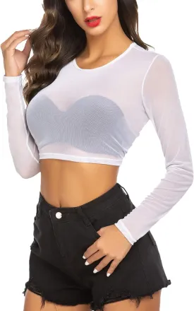 ADOME Mesh Crop Top Sheer Tops for Women See Through Shirt Long Sleeve Basic Crop Top S-4XL
