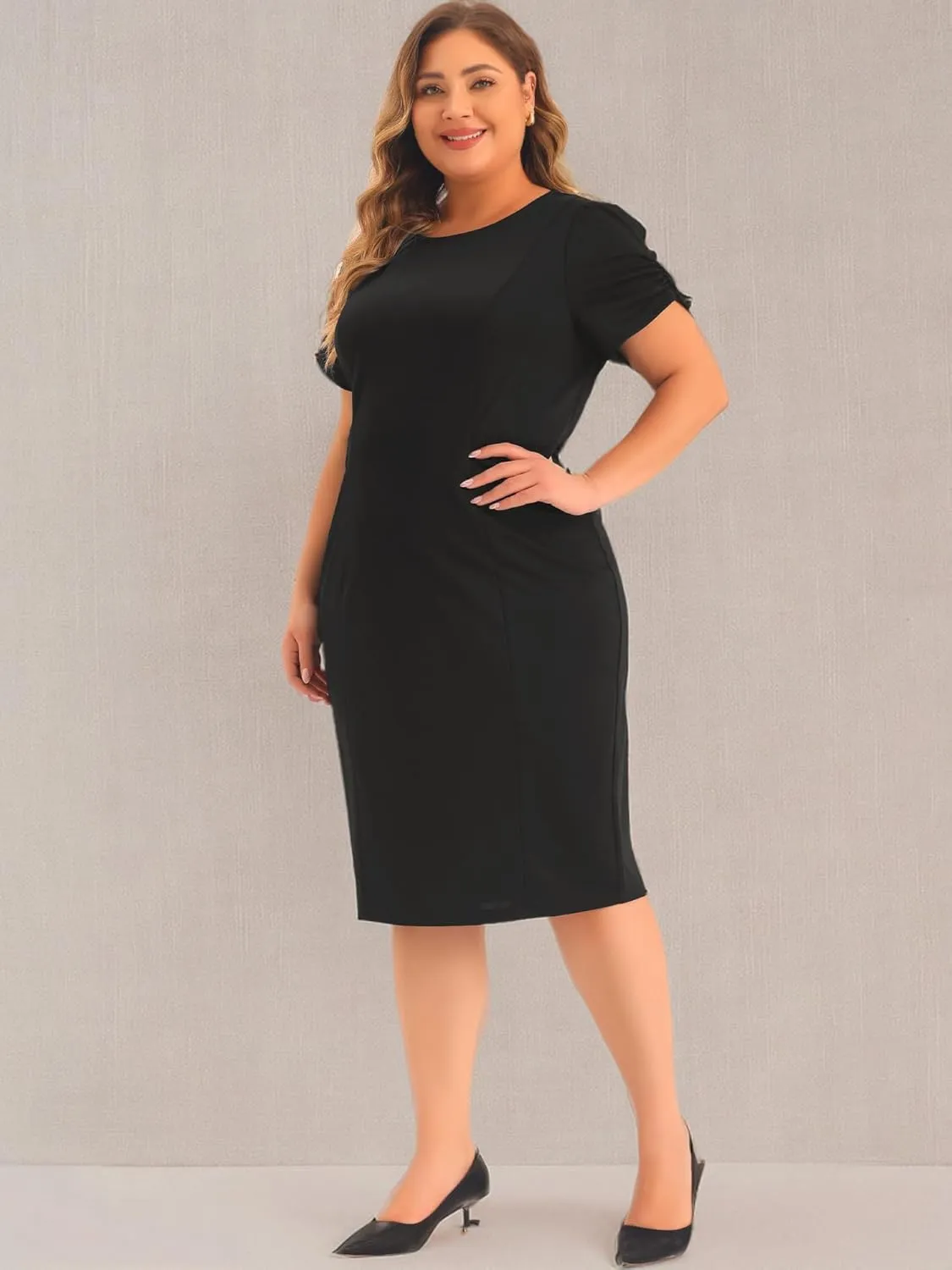 Agnes Orinda Plus Size Dress for Women Short Sleeve Above The Knee Sheath Dress Office Wear to Work Dresses
