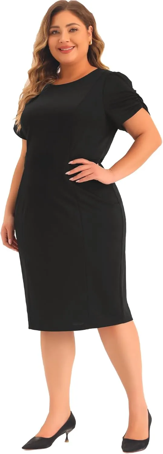 Agnes Orinda Plus Size Dress for Women Short Sleeve Above The Knee Sheath Dress Office Wear to Work Dresses