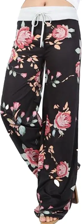 AMiERY Women's Comfy Casual Pajama Pants Floral Print Drawstring Palazzo Lounge Pants Wide Leg