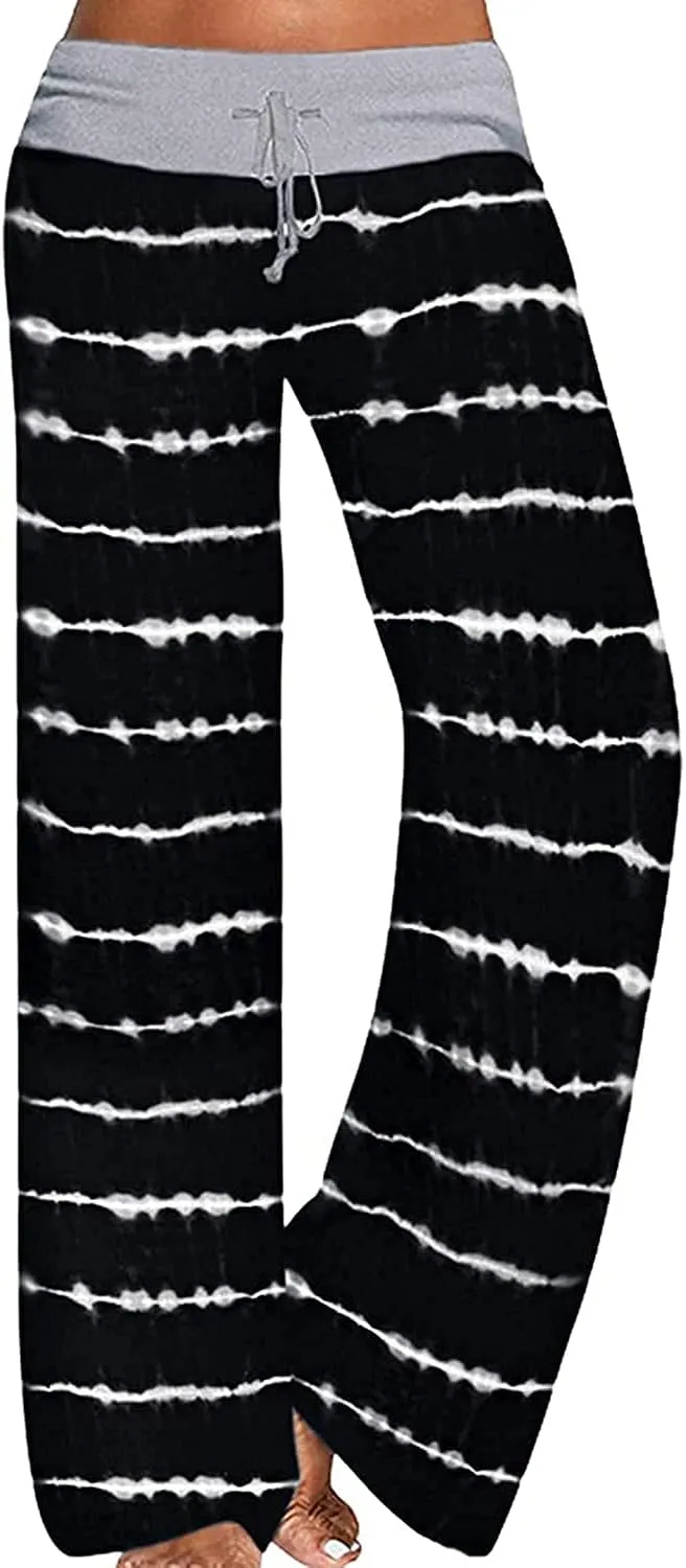 AMiERY Women's Comfy Casual Pajama Pants Floral Print Drawstring Palazzo Lounge Pants Wide Leg