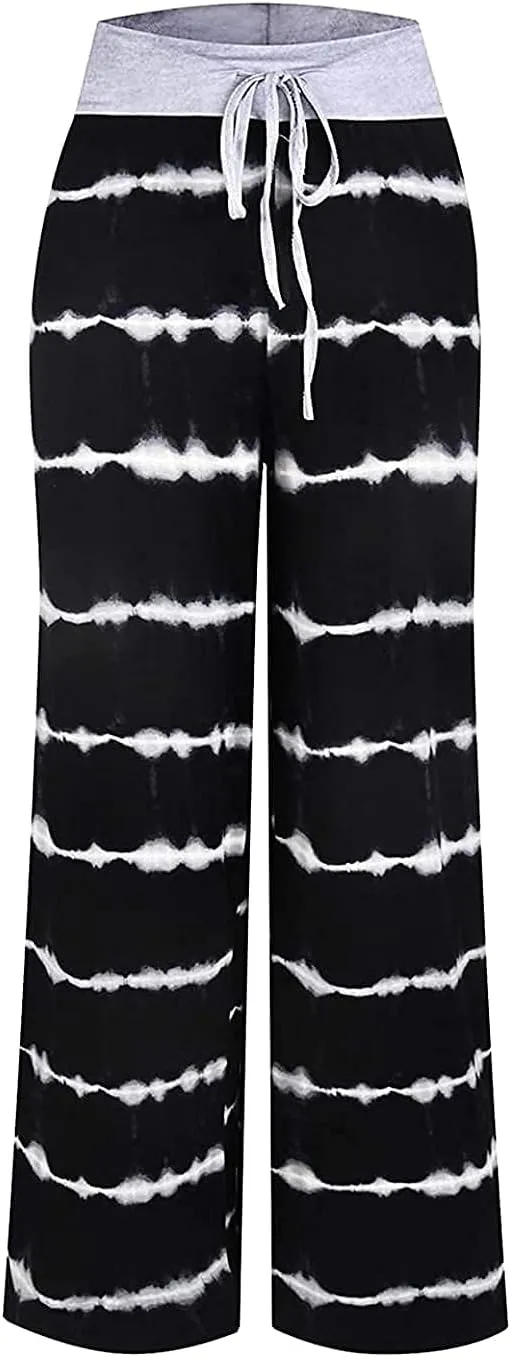 AMiERY Women's Comfy Casual Pajama Pants Floral Print Drawstring Palazzo Lounge Pants Wide Leg