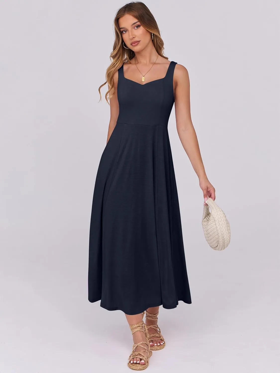 ANRABESS Women Summer Casual Dress Sleeveless Smocked Back Tank Midi Dresses 2025 Beach Vacation Sundress with Pockets