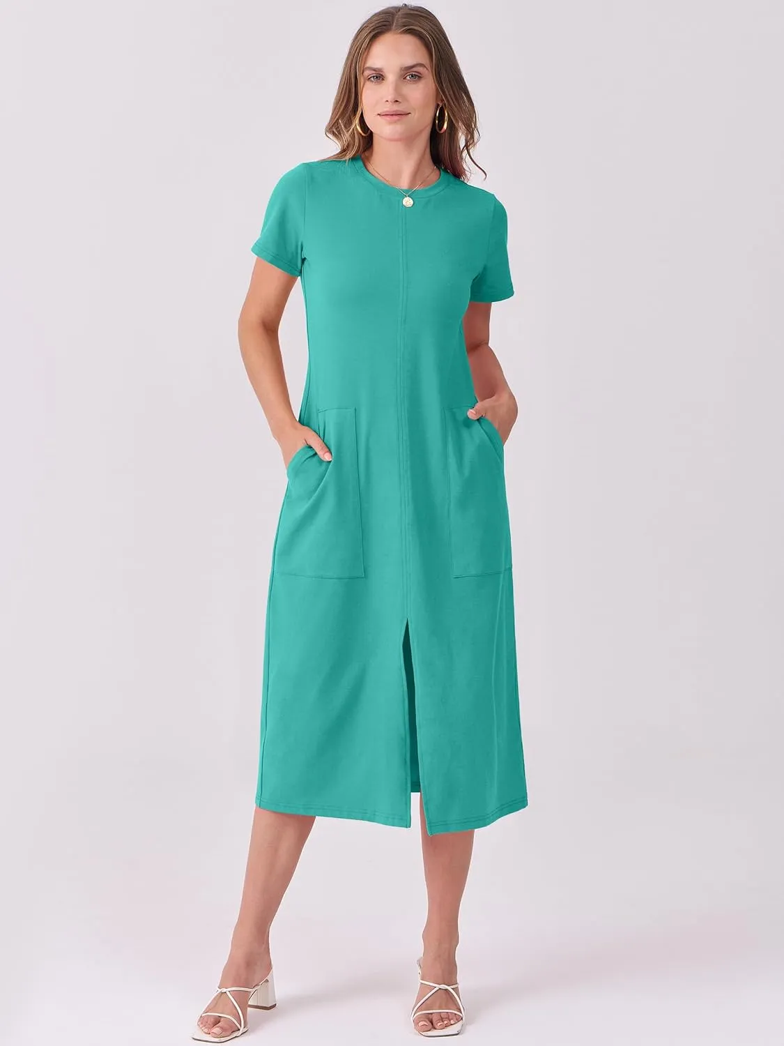 ANRABESS Women's 2025 Summer Casual Midi Dress Short Sleeve Crewneck T Shirt Beach Front Slit Vacation Spring Long Dresses