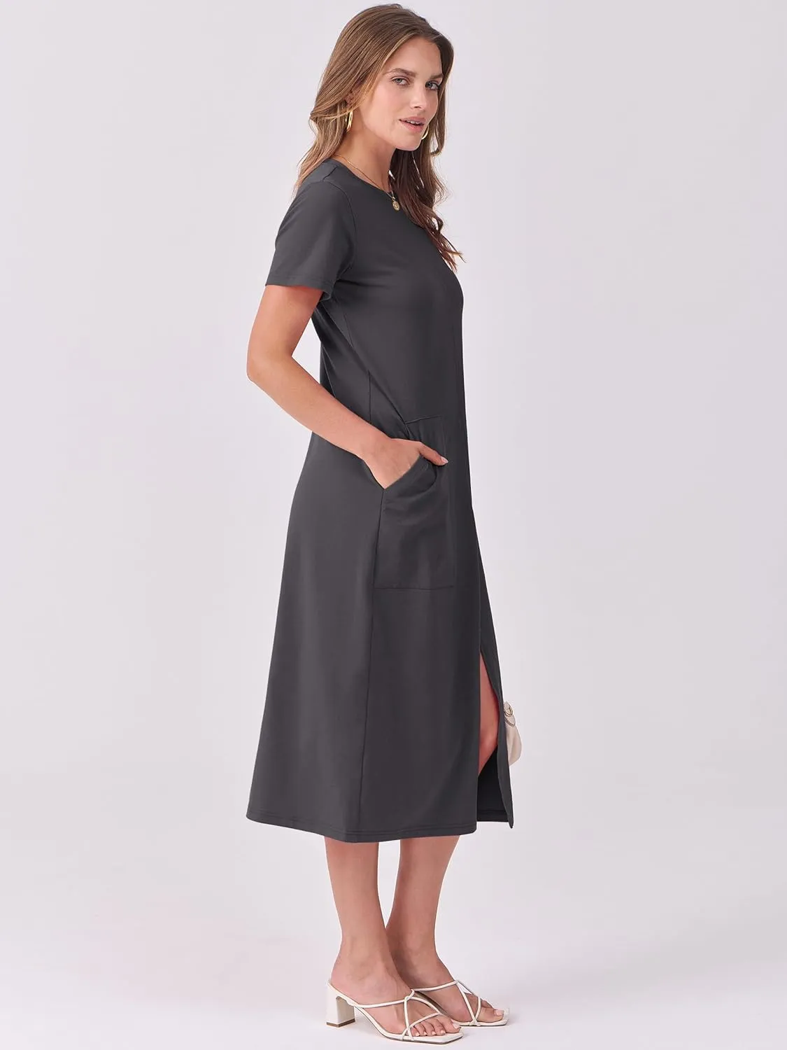 ANRABESS Women's 2025 Summer Casual Midi Dress Short Sleeve Crewneck T Shirt Beach Front Slit Vacation Spring Long Dresses