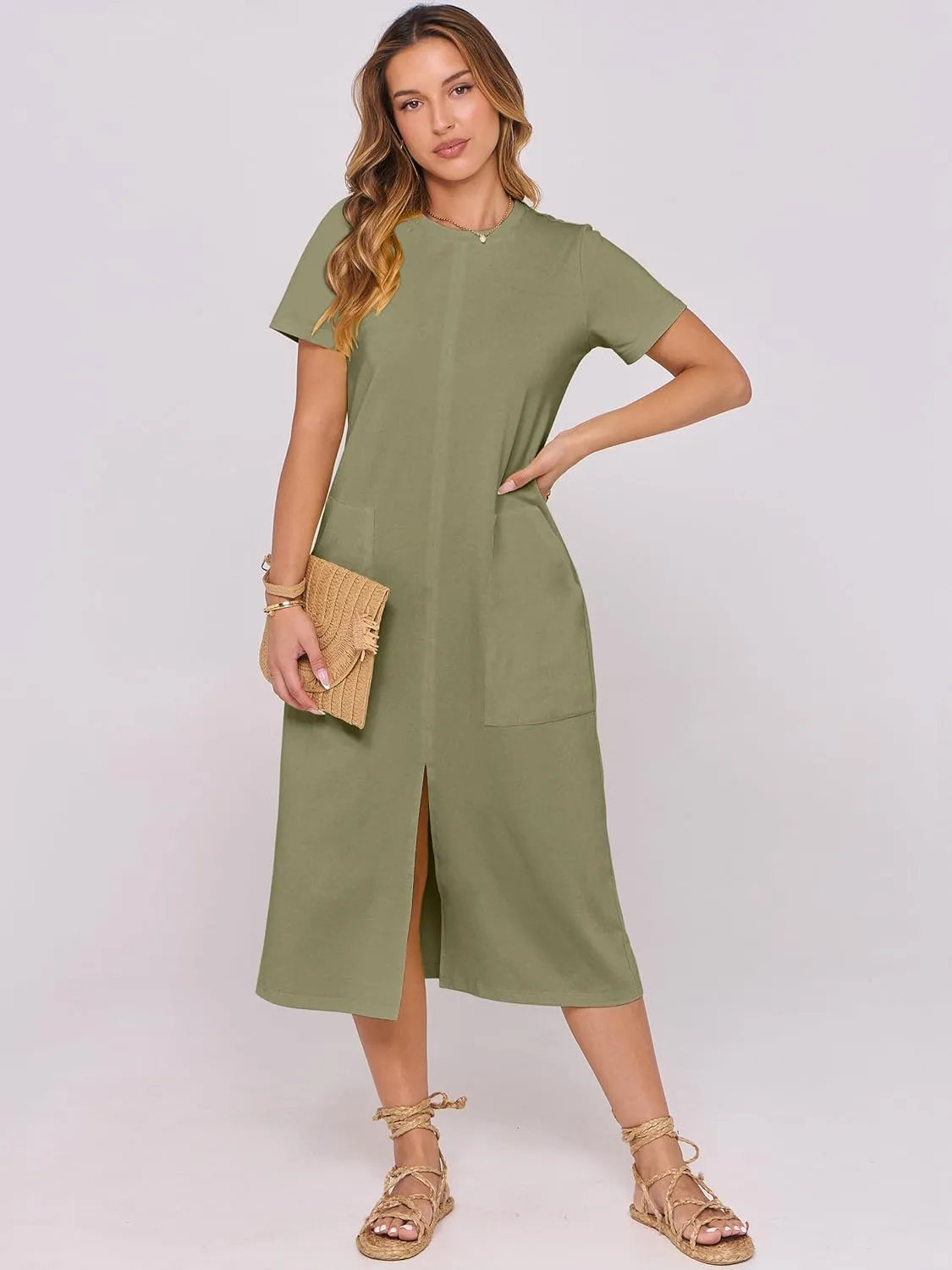 ANRABESS Women's 2025 Summer Casual Midi Dress Short Sleeve Crewneck T Shirt Beach Front Slit Vacation Spring Long Dresses