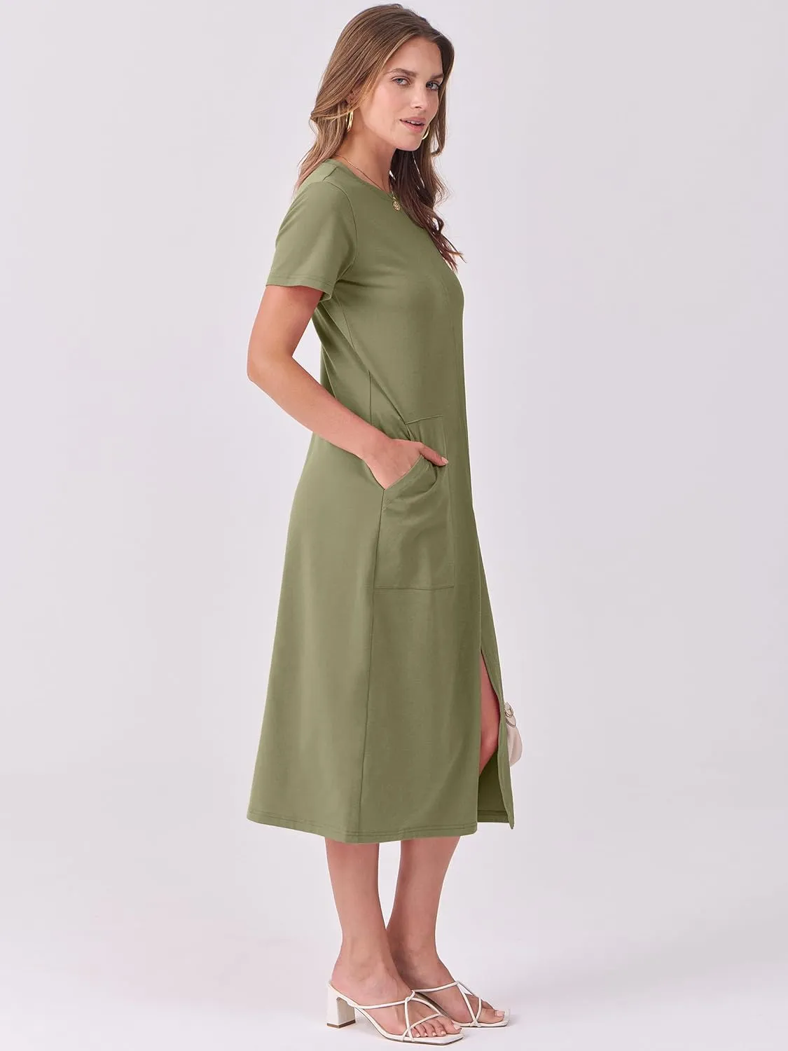 ANRABESS Women's 2025 Summer Casual Midi Dress Short Sleeve Crewneck T Shirt Beach Front Slit Vacation Spring Long Dresses