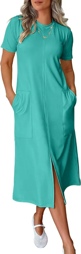 ANRABESS Women's 2025 Summer Casual Midi Dress Short Sleeve Crewneck T Shirt Beach Front Slit Vacation Spring Long Dresses