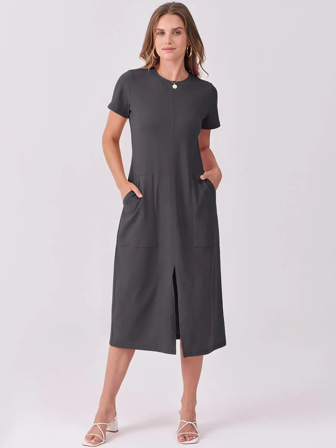 ANRABESS Women's 2025 Summer Casual Midi Dress Short Sleeve Crewneck T Shirt Beach Front Slit Vacation Spring Long Dresses