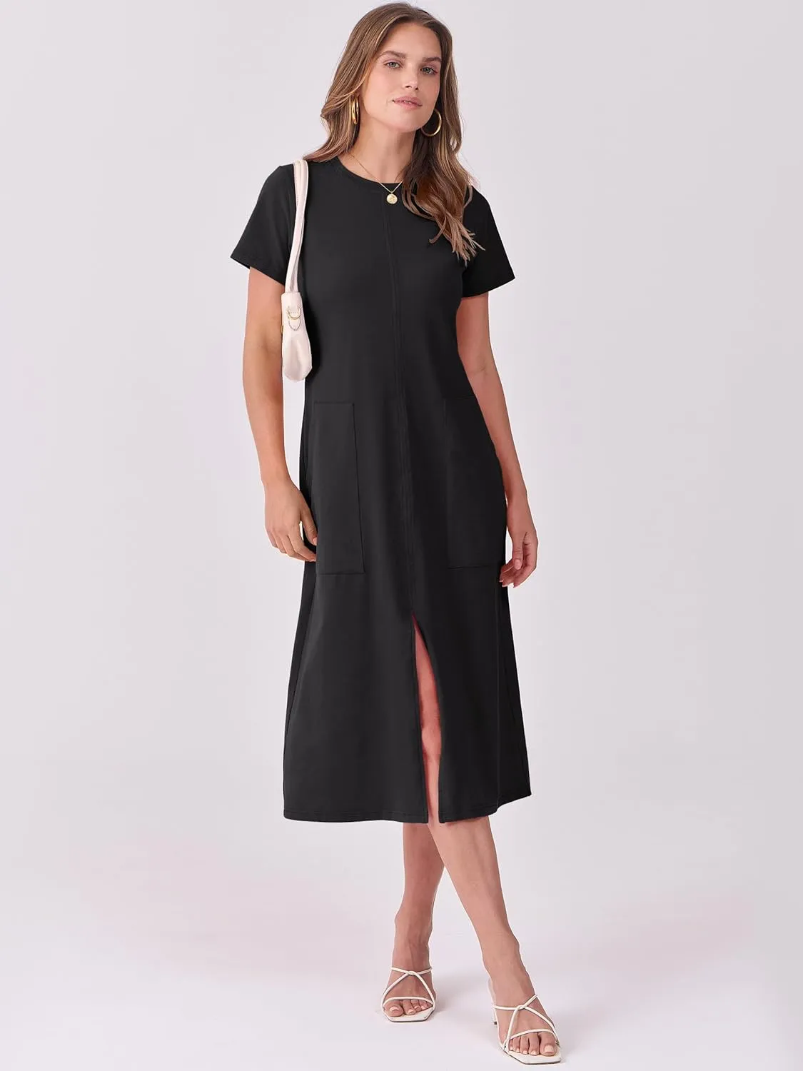 ANRABESS Women's 2025 Summer Casual Midi Dress Short Sleeve Crewneck T Shirt Beach Front Slit Vacation Spring Long Dresses