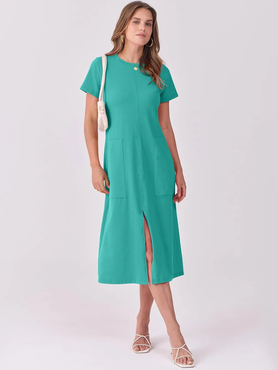 ANRABESS Women's 2025 Summer Casual Midi Dress Short Sleeve Crewneck T Shirt Beach Front Slit Vacation Spring Long Dresses