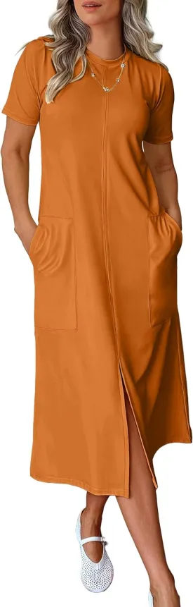 ANRABESS Women's 2025 Summer Casual Midi Dress Short Sleeve Crewneck T Shirt Beach Front Slit Vacation Spring Long Dresses