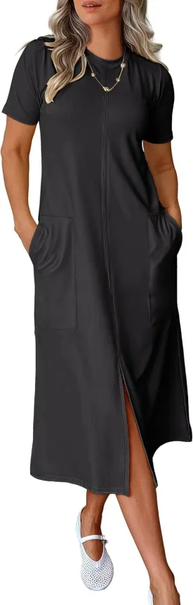 ANRABESS Women's 2025 Summer Casual Midi Dress Short Sleeve Crewneck T Shirt Beach Front Slit Vacation Spring Long Dresses