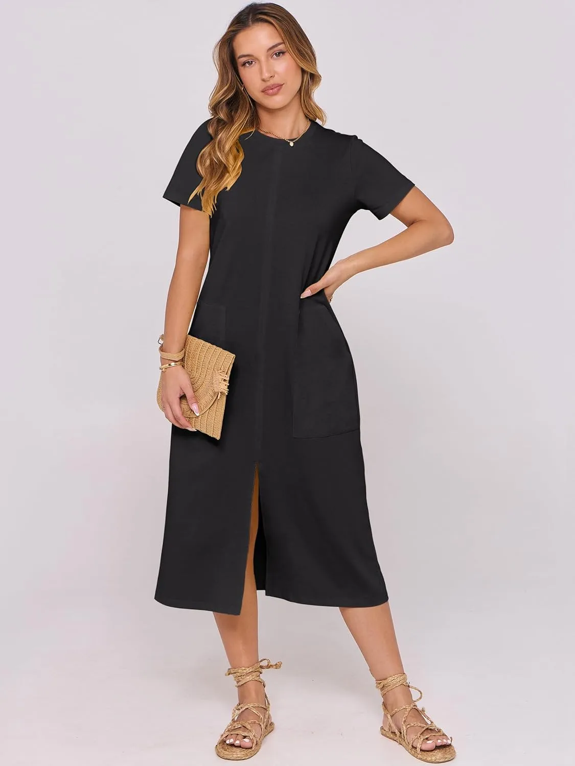 ANRABESS Women's 2025 Summer Casual Midi Dress Short Sleeve Crewneck T Shirt Beach Front Slit Vacation Spring Long Dresses