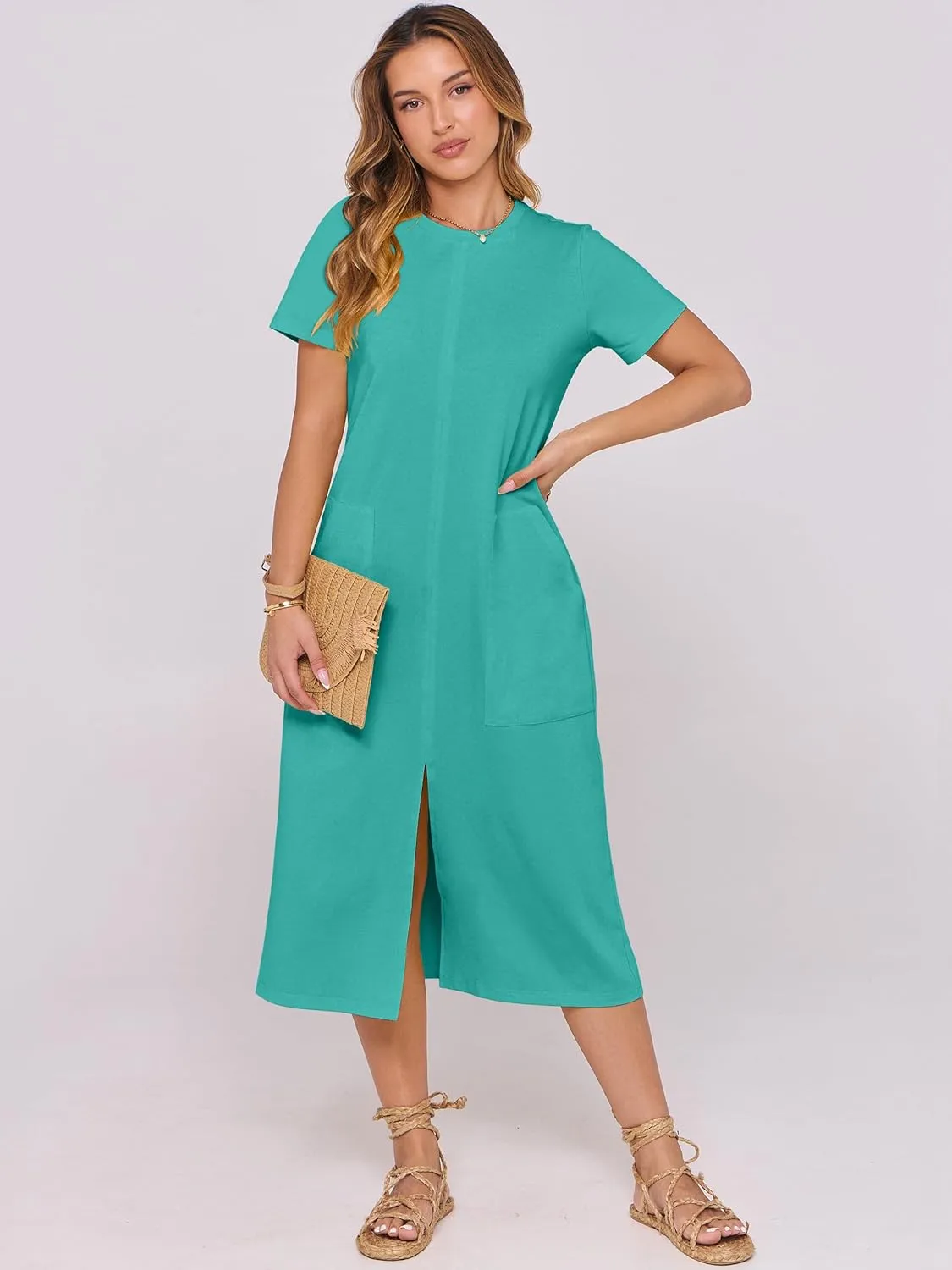 ANRABESS Women's 2025 Summer Casual Midi Dress Short Sleeve Crewneck T Shirt Beach Front Slit Vacation Spring Long Dresses