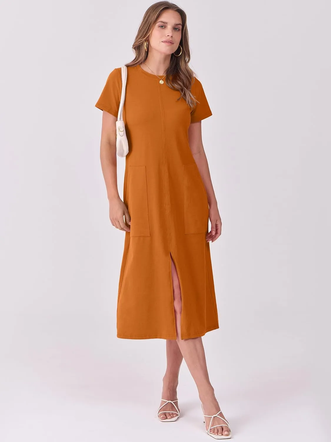 ANRABESS Women's 2025 Summer Casual Midi Dress Short Sleeve Crewneck T Shirt Beach Front Slit Vacation Spring Long Dresses