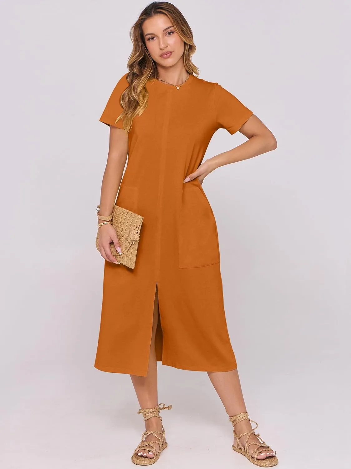 ANRABESS Women's 2025 Summer Casual Midi Dress Short Sleeve Crewneck T Shirt Beach Front Slit Vacation Spring Long Dresses
