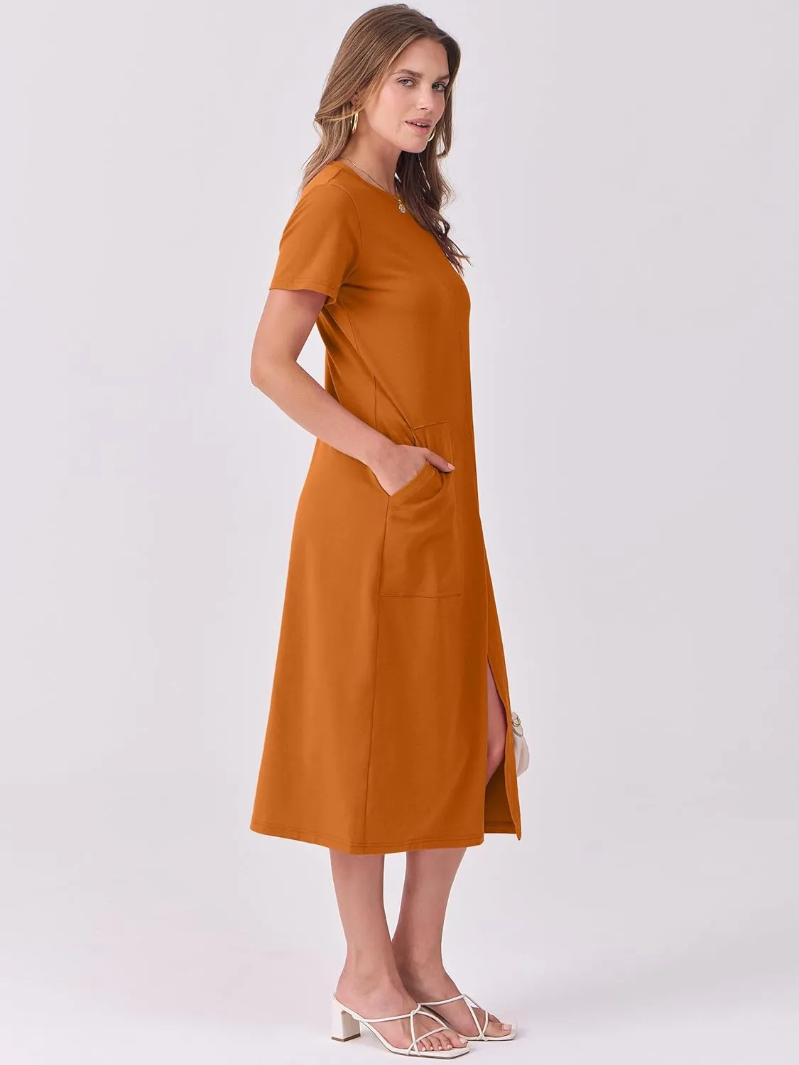 ANRABESS Women's 2025 Summer Casual Midi Dress Short Sleeve Crewneck T Shirt Beach Front Slit Vacation Spring Long Dresses
