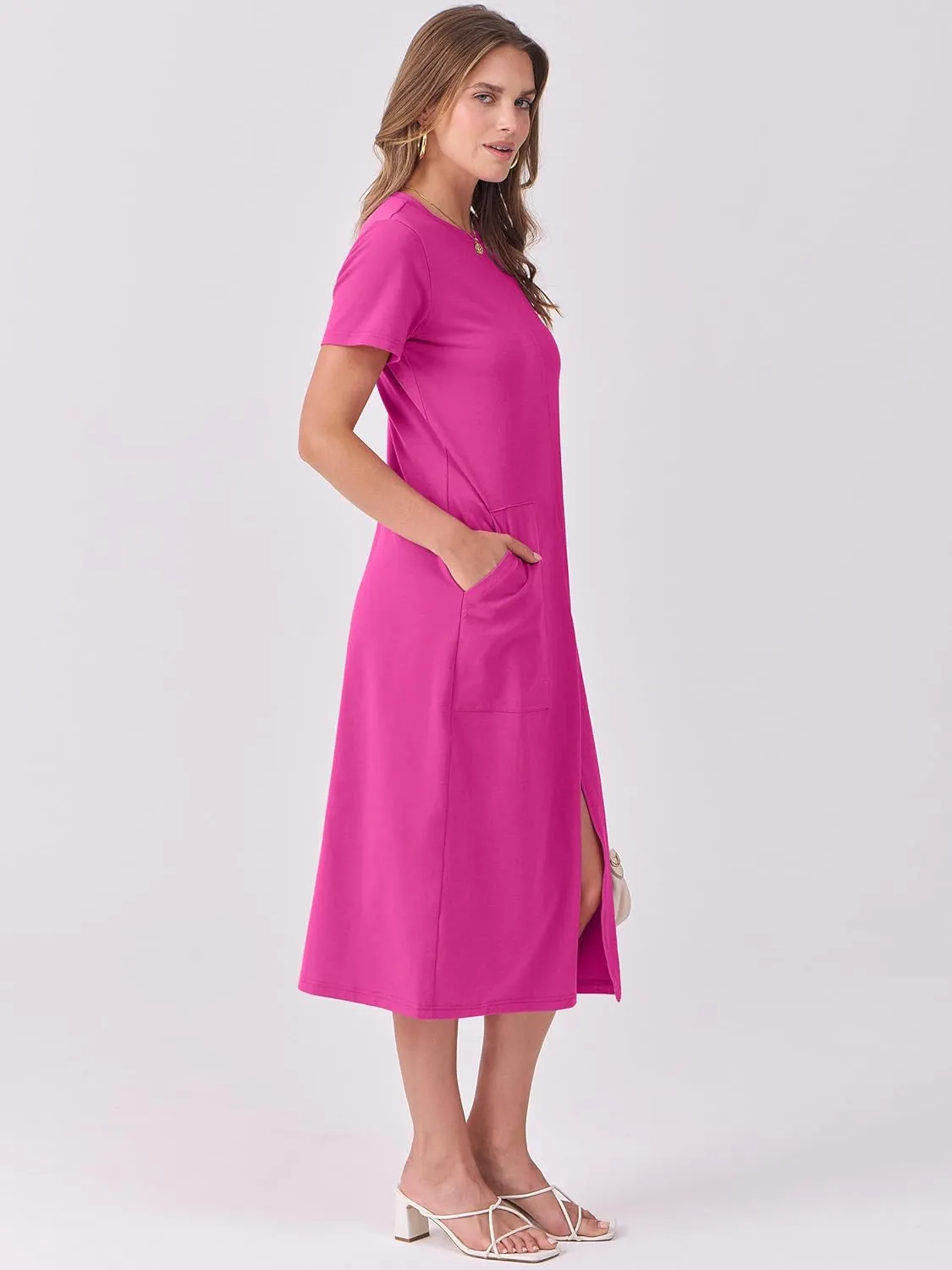 ANRABESS Women's 2025 Summer Casual Midi Dress Short Sleeve Crewneck T Shirt Beach Front Slit Vacation Spring Long Dresses