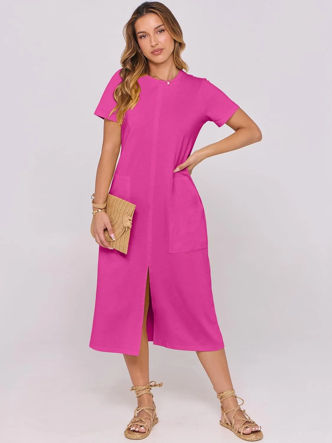 ANRABESS Women's 2025 Summer Casual Midi Dress Short Sleeve Crewneck T Shirt Beach Front Slit Vacation Spring Long Dresses