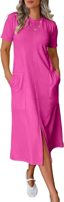 ANRABESS Women's 2025 Summer Casual Midi Dress Short Sleeve Crewneck T Shirt Beach Front Slit Vacation Spring Long Dresses