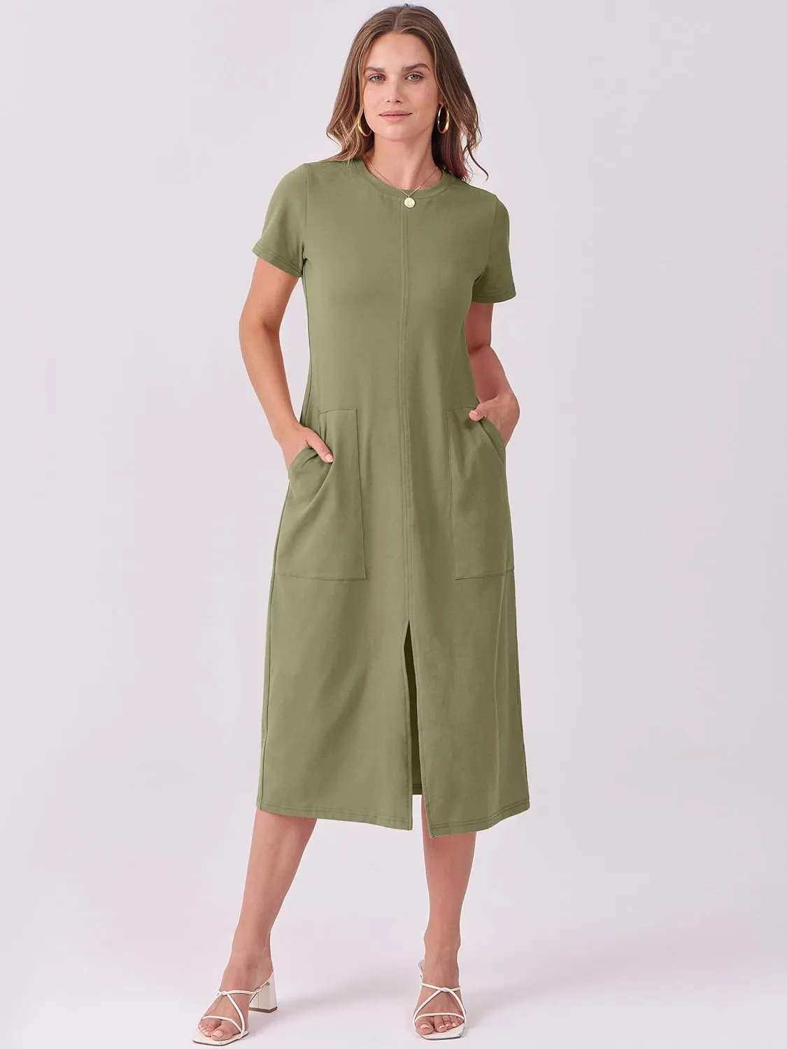 ANRABESS Women's 2025 Summer Casual Midi Dress Short Sleeve Crewneck T Shirt Beach Front Slit Vacation Spring Long Dresses