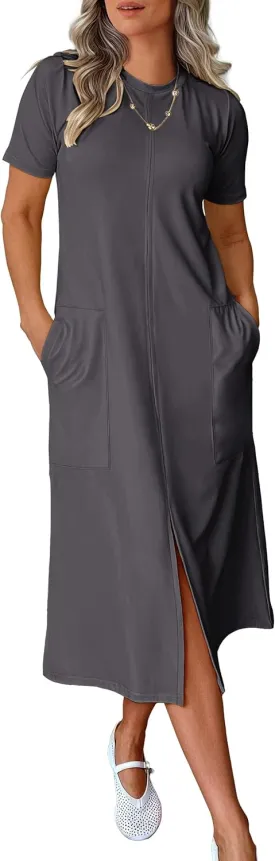 ANRABESS Women's 2025 Summer Casual Midi Dress Short Sleeve Crewneck T Shirt Beach Front Slit Vacation Spring Long Dresses