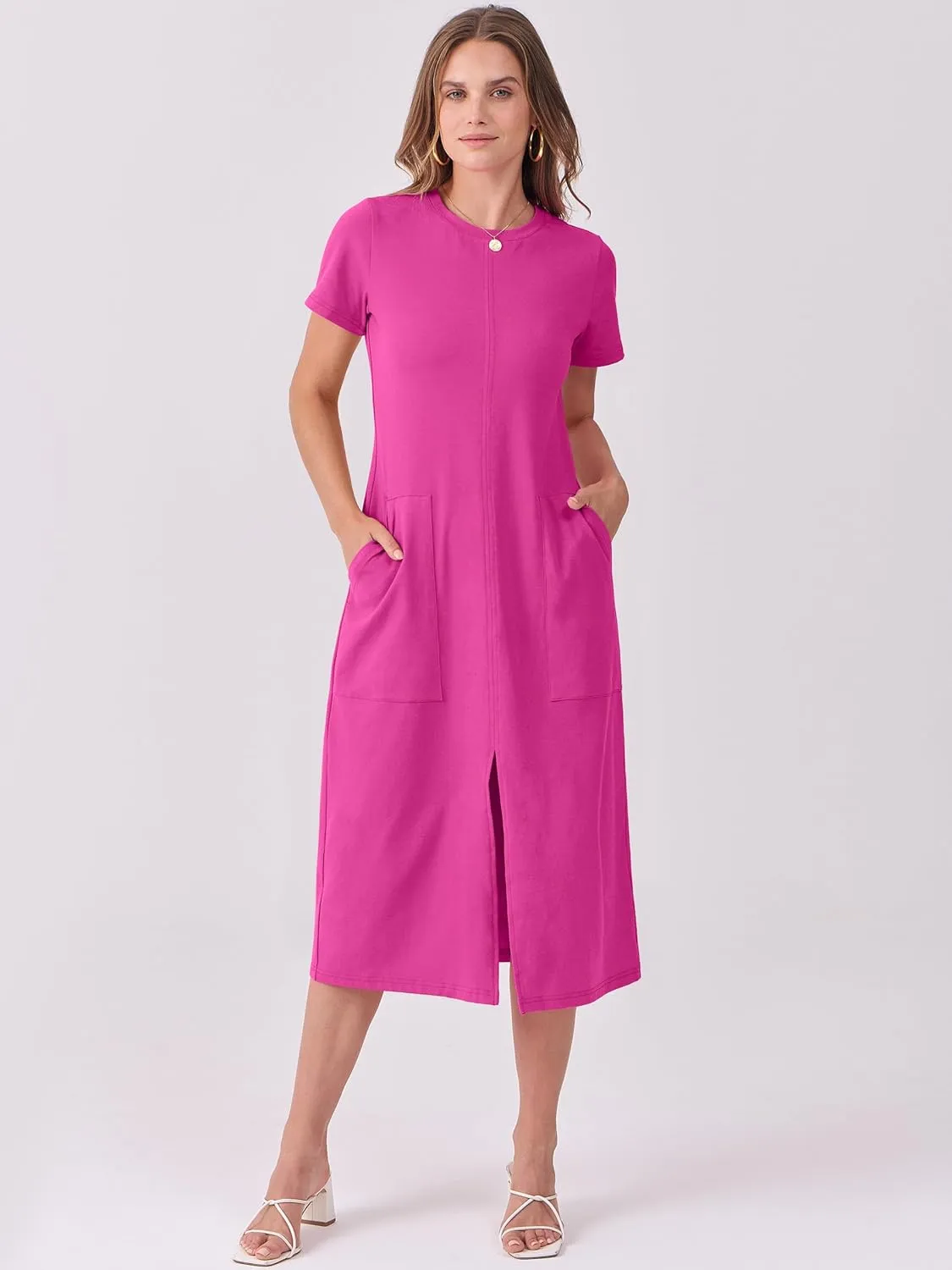 ANRABESS Women's 2025 Summer Casual Midi Dress Short Sleeve Crewneck T Shirt Beach Front Slit Vacation Spring Long Dresses