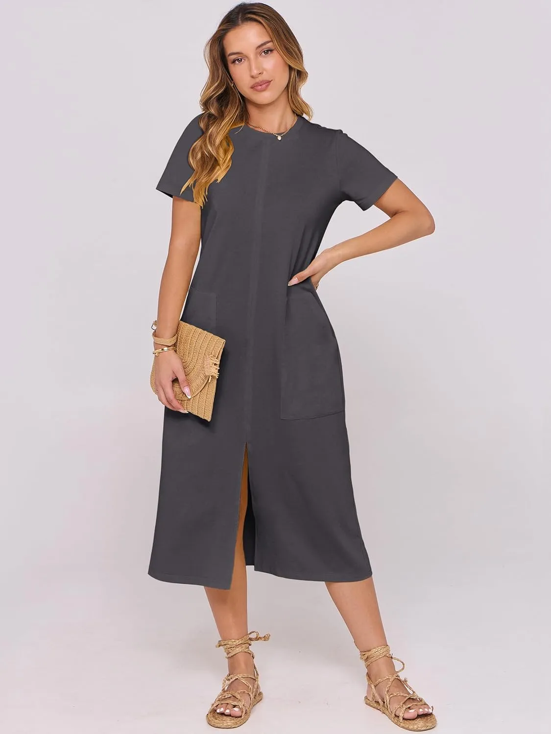 ANRABESS Women's 2025 Summer Casual Midi Dress Short Sleeve Crewneck T Shirt Beach Front Slit Vacation Spring Long Dresses