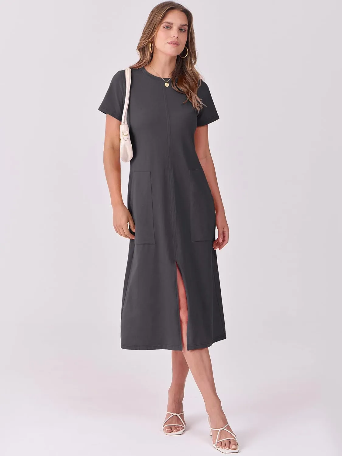 ANRABESS Women's 2025 Summer Casual Midi Dress Short Sleeve Crewneck T Shirt Beach Front Slit Vacation Spring Long Dresses