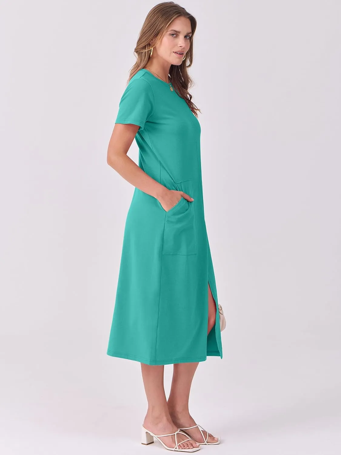 ANRABESS Women's 2025 Summer Casual Midi Dress Short Sleeve Crewneck T Shirt Beach Front Slit Vacation Spring Long Dresses