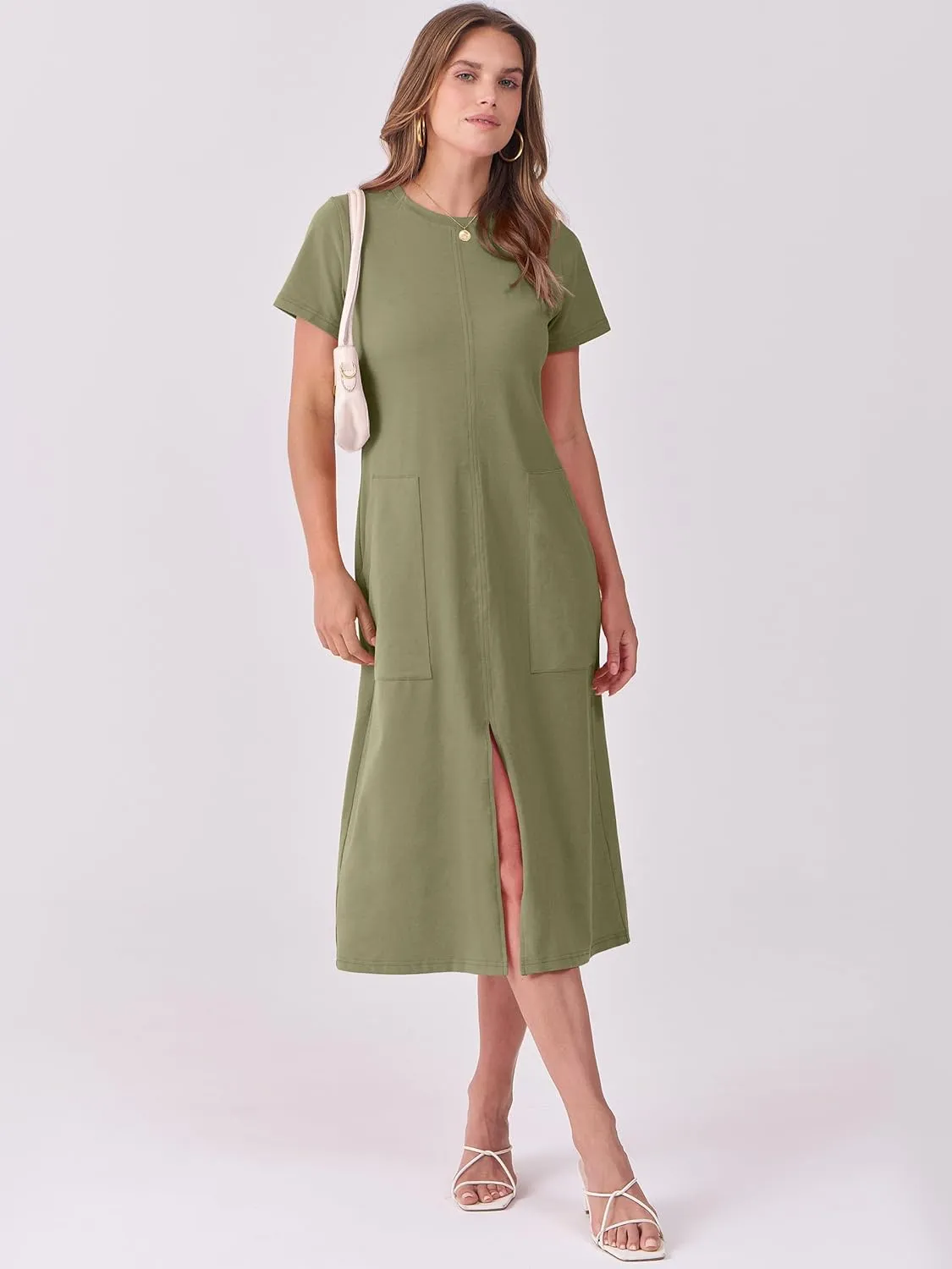 ANRABESS Women's 2025 Summer Casual Midi Dress Short Sleeve Crewneck T Shirt Beach Front Slit Vacation Spring Long Dresses