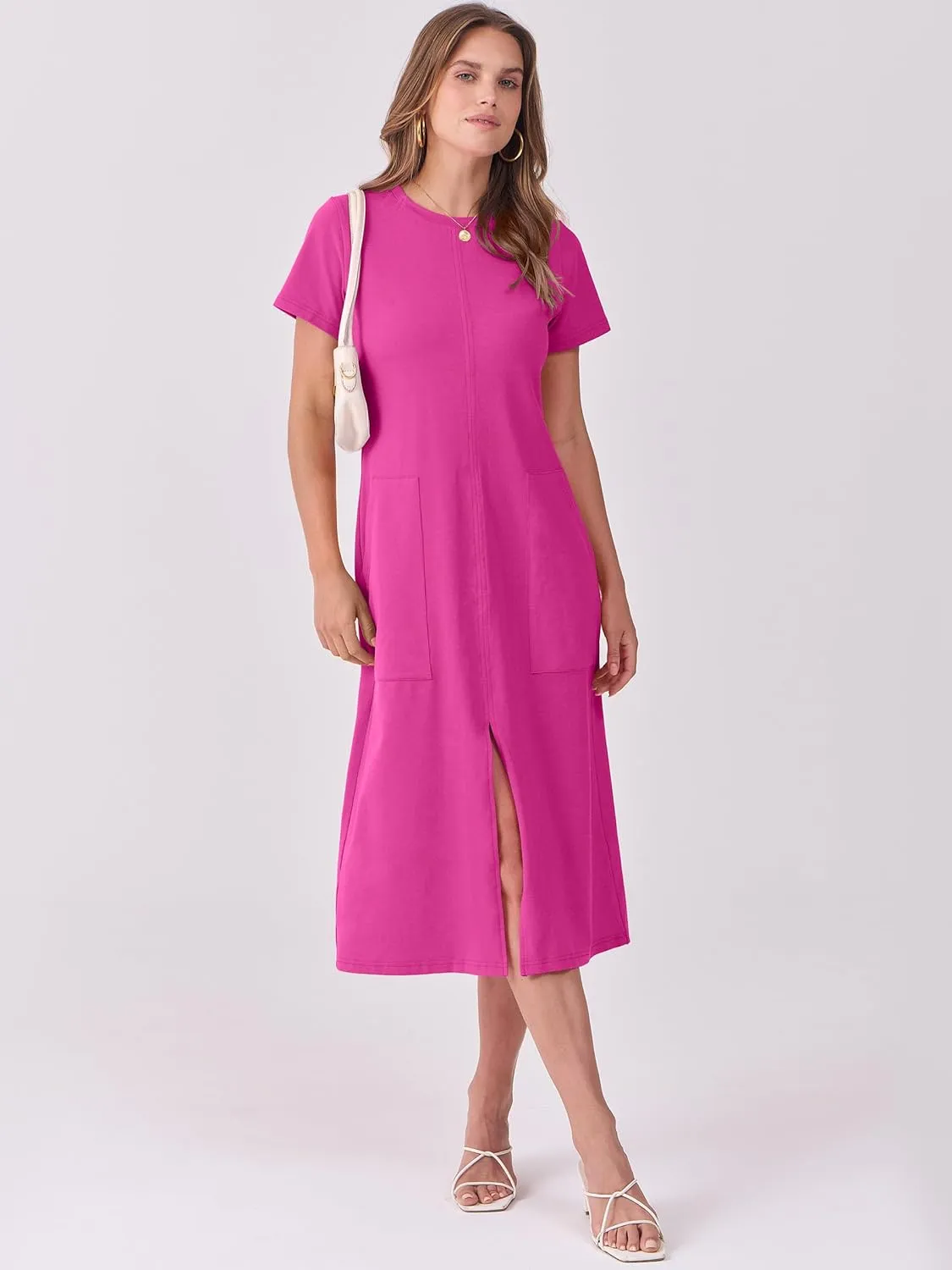ANRABESS Women's 2025 Summer Casual Midi Dress Short Sleeve Crewneck T Shirt Beach Front Slit Vacation Spring Long Dresses