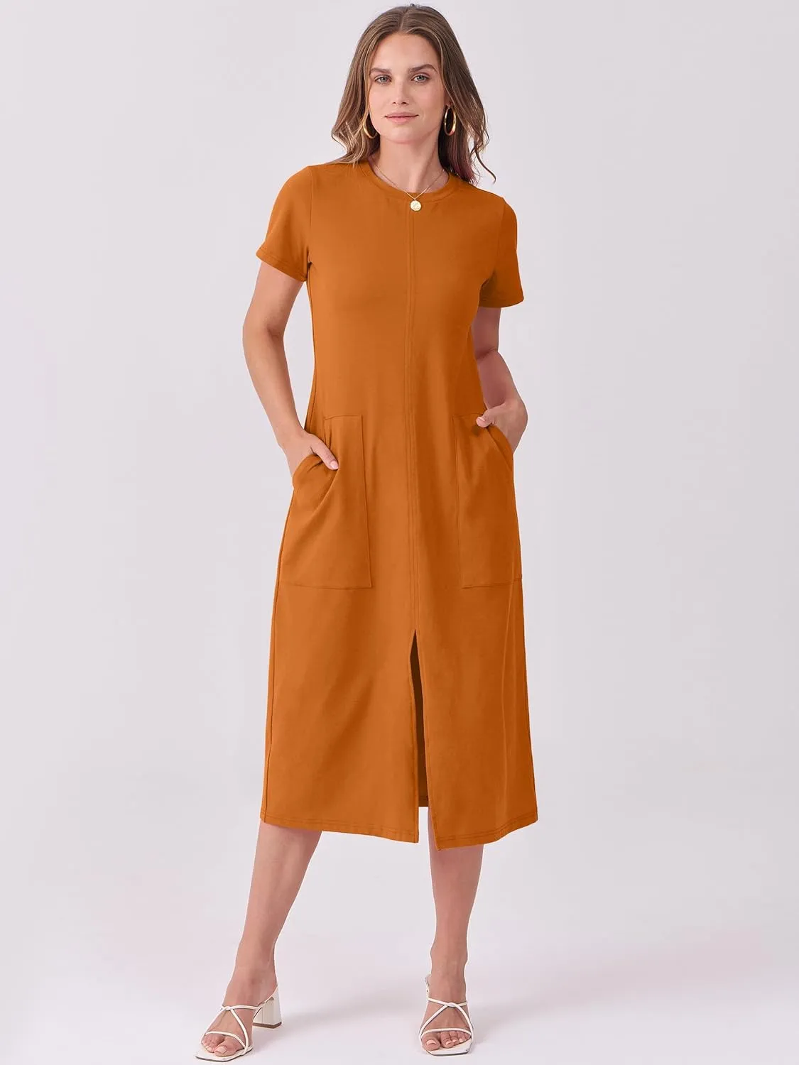 ANRABESS Women's 2025 Summer Casual Midi Dress Short Sleeve Crewneck T Shirt Beach Front Slit Vacation Spring Long Dresses