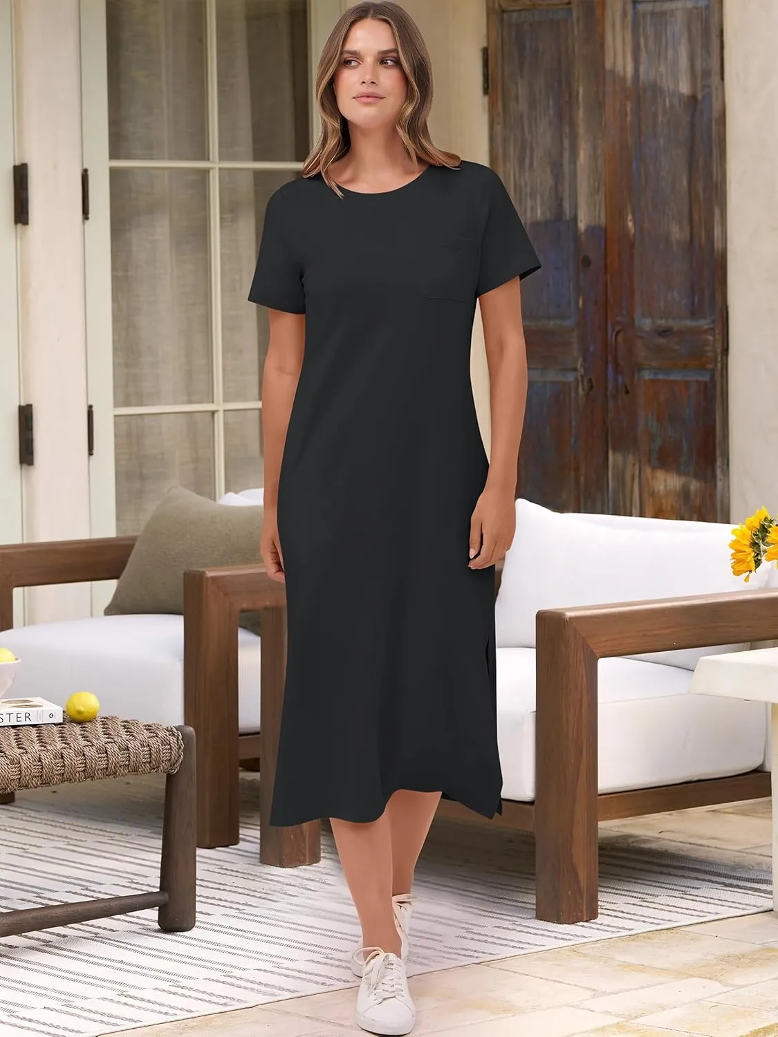 ANRABESS Womens Summer Casual Midi Dress Short Sleeve Crewneck T Shirt Long Dresses Split Stripe Beach Vacation Travel Outfit
