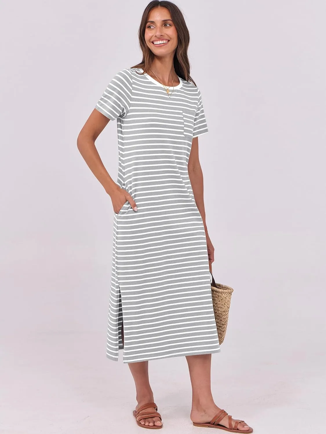 ANRABESS Womens Summer Casual Midi Dress Short Sleeve Crewneck T Shirt Long Dresses Split Stripe Beach Vacation Travel Outfit