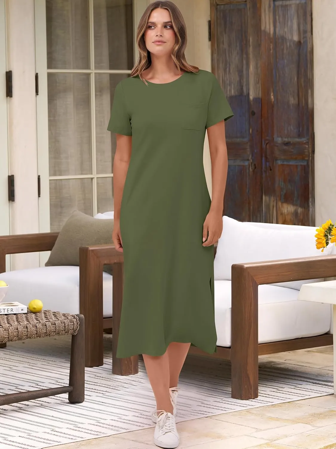 ANRABESS Womens Summer Casual Midi Dress Short Sleeve Crewneck T Shirt Long Dresses Split Stripe Beach Vacation Travel Outfit