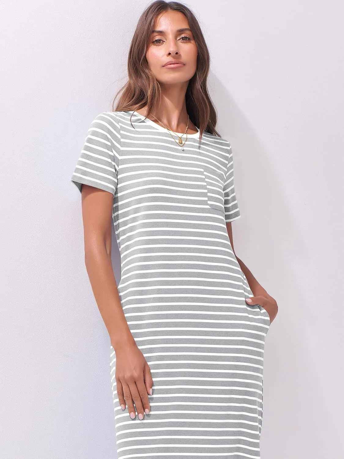 ANRABESS Womens Summer Casual Midi Dress Short Sleeve Crewneck T Shirt Long Dresses Split Stripe Beach Vacation Travel Outfit