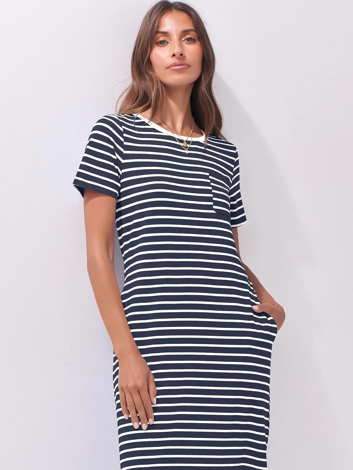 ANRABESS Womens Summer Casual Midi Dress Short Sleeve Crewneck T Shirt Long Dresses Split Stripe Beach Vacation Travel Outfit
