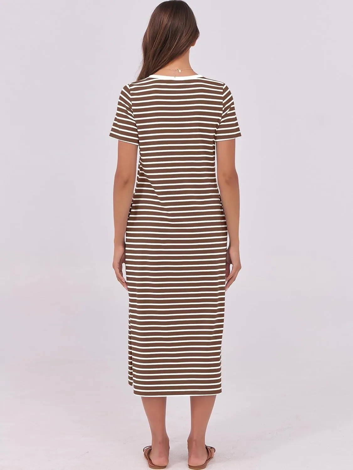 ANRABESS Womens Summer Casual Midi Dress Short Sleeve Crewneck T Shirt Long Dresses Split Stripe Beach Vacation Travel Outfit