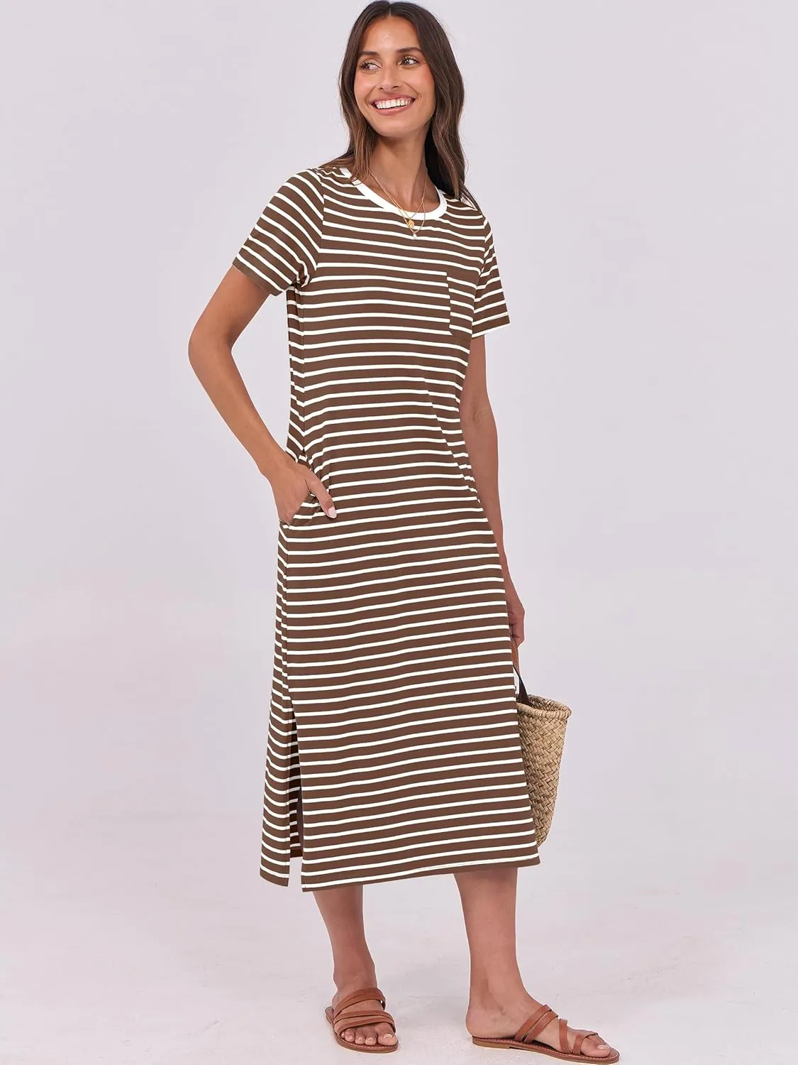 ANRABESS Womens Summer Casual Midi Dress Short Sleeve Crewneck T Shirt Long Dresses Split Stripe Beach Vacation Travel Outfit