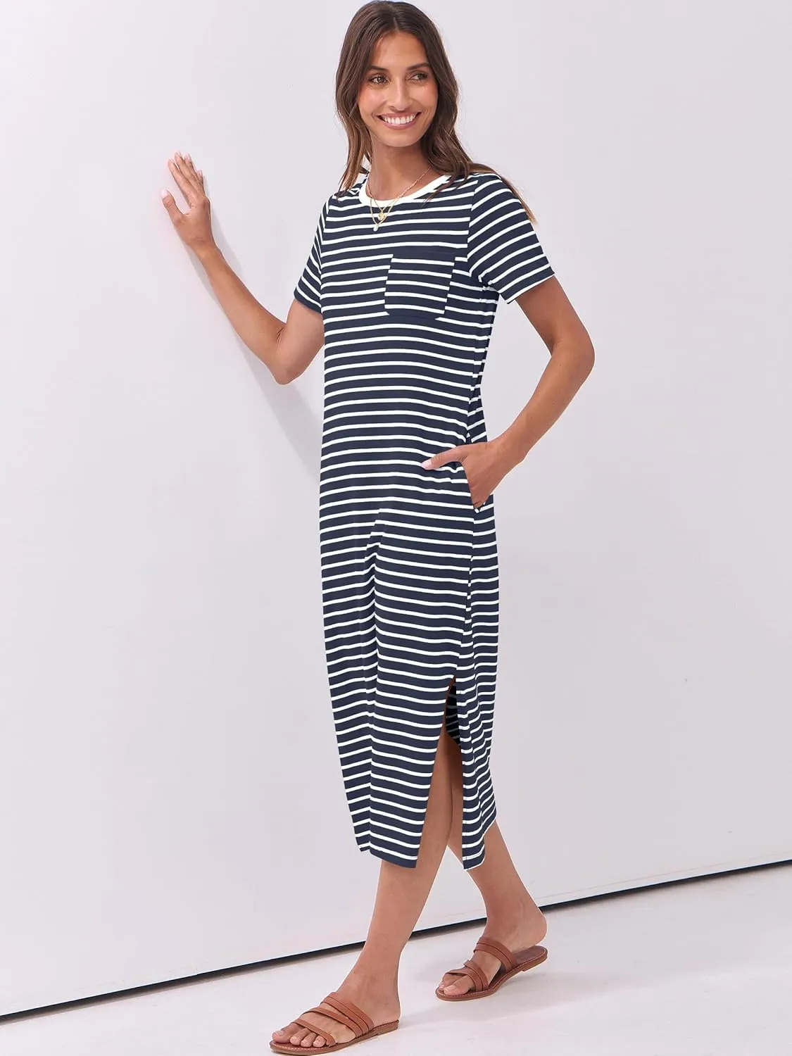 ANRABESS Womens Summer Casual Midi Dress Short Sleeve Crewneck T Shirt Long Dresses Split Stripe Beach Vacation Travel Outfit