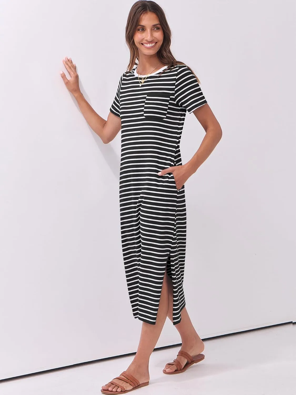ANRABESS Womens Summer Casual Midi Dress Short Sleeve Crewneck T Shirt Long Dresses Split Stripe Beach Vacation Travel Outfit