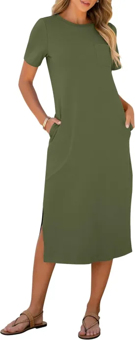 ANRABESS Womens Summer Casual Midi Dress Short Sleeve Crewneck T Shirt Long Dresses Split Stripe Beach Vacation Travel Outfit